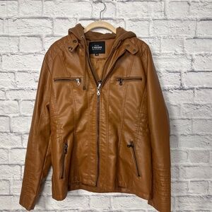 TAGOO Faux Leather Moto Jacket with Removable Hood – Brown – Size M
